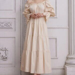 Lacemade Van Gogh Dress Off Shoulder Long Sleeve Gown Maxi Dress in Beige